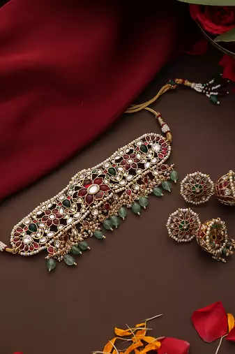 Gold plated kundan multicolor stones choker necklace set