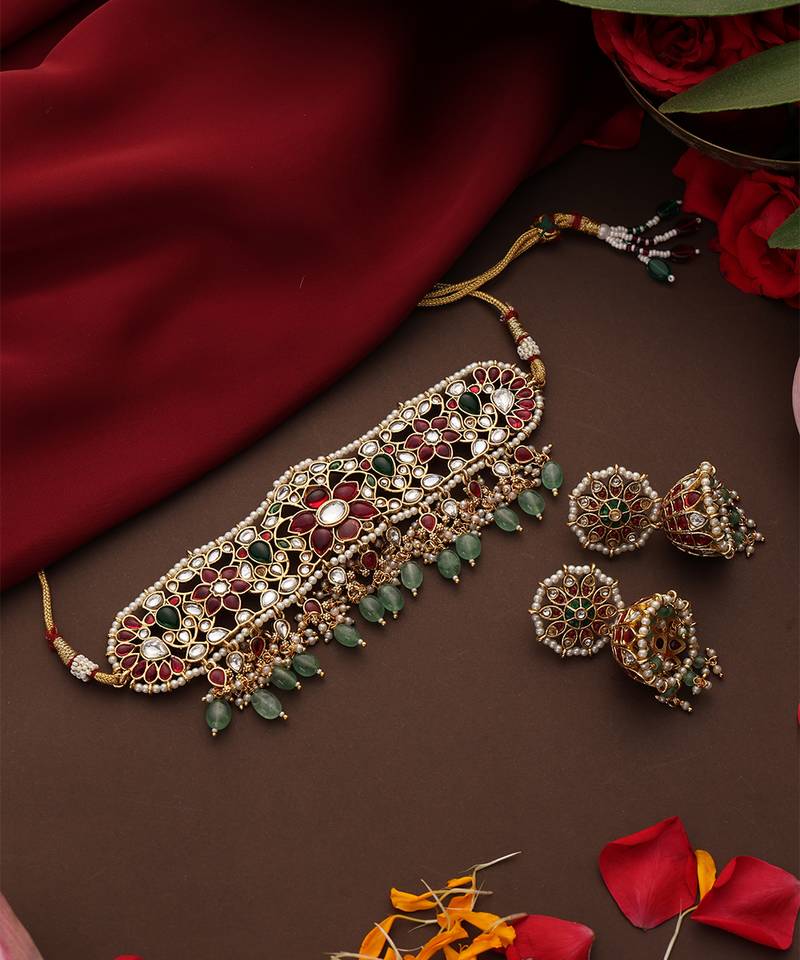 Gold plated kundan multicolor stones choker necklace set