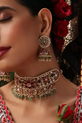 Gold plated kundan multicolor stones choker necklace set