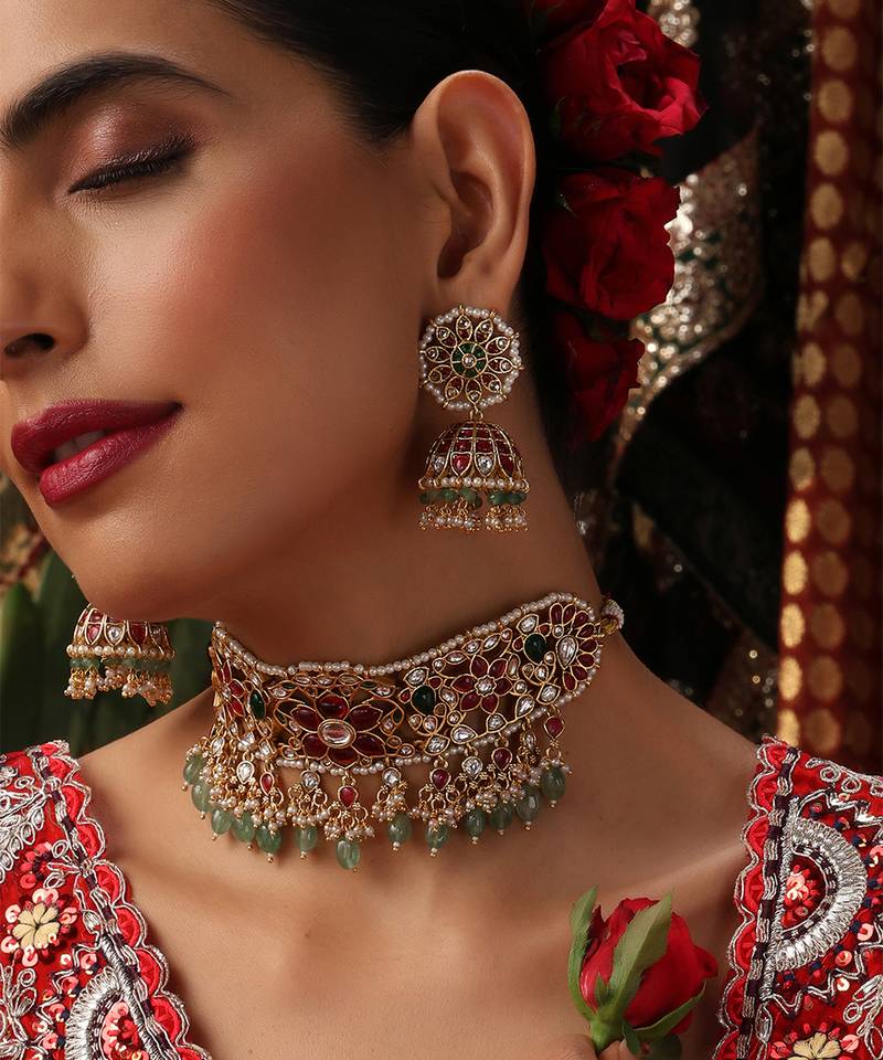 Gold plated kundan multicolor stones choker necklace set