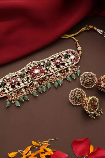 Gold plated kundan multicolor stones choker necklace set