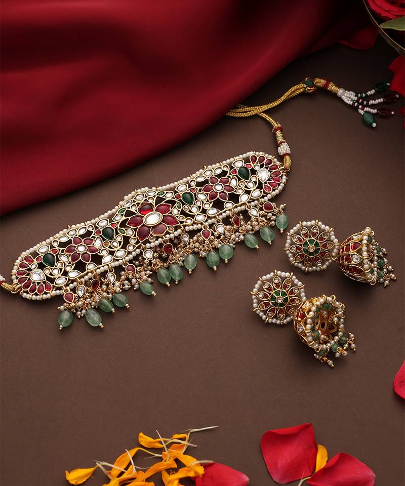 Gold plated kundan multicolor stones choker necklace set