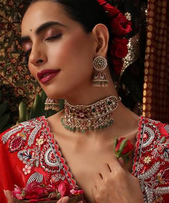 Gold plated kundan multicolor stones choker necklace set 5