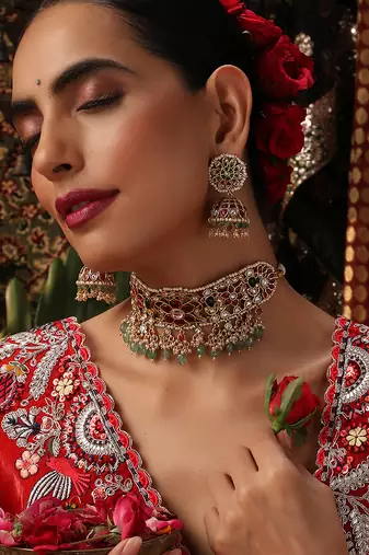 Gold plated kundan multicolor stones choker necklace set