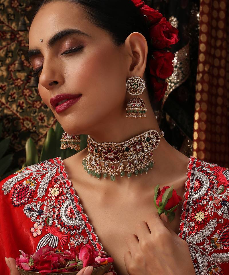 Gold plated kundan multicolor stones choker necklace set