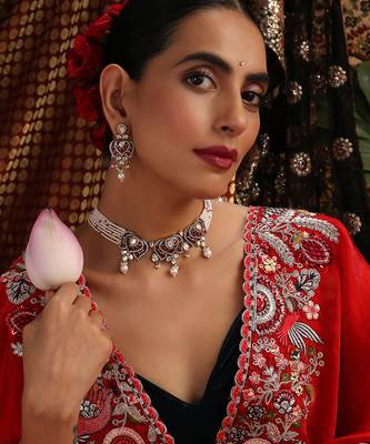 Gold plated kundan red stones choker necklace set 1