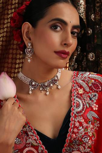 Gold plated kundan red stones choker necklace set