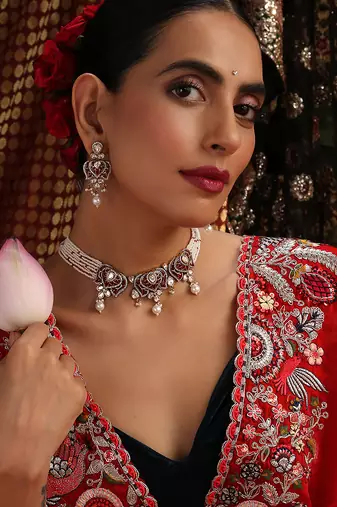 Gold plated kundan red stones choker necklace set