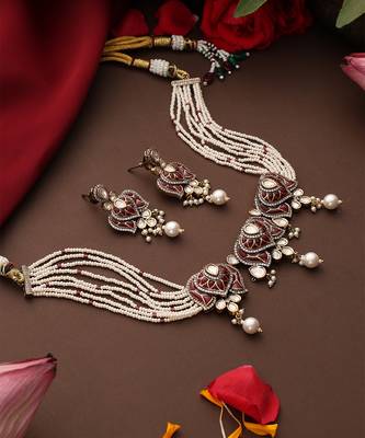 Gold plated kundan red stones choker necklace set 2