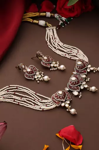 Gold plated kundan red stones choker necklace set