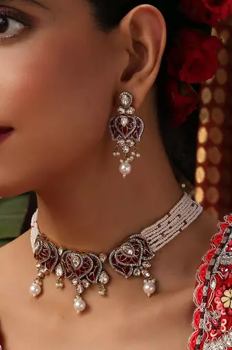 Gold plated kundan red stones choker necklace set