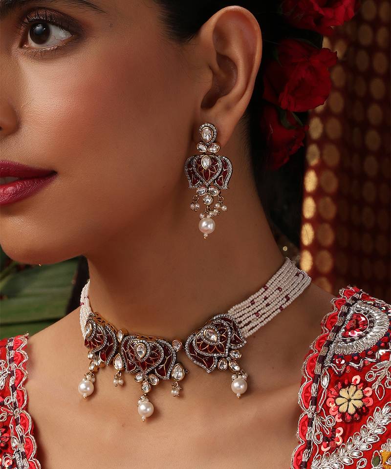 Gold plated kundan red stones choker necklace set