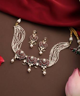 Gold plated kundan red stones choker necklace set 4