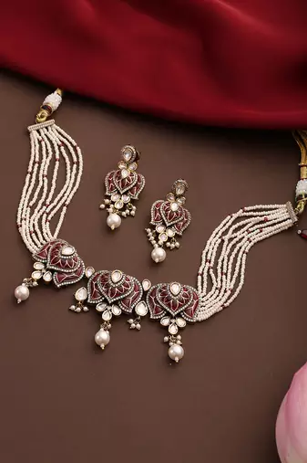 Gold plated kundan red stones choker necklace set