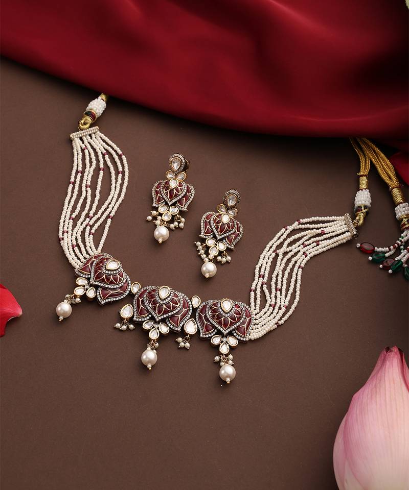 Gold plated kundan red stones choker necklace set