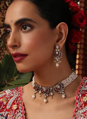 Gold plated kundan red stones choker necklace set 5