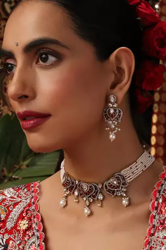 Gold plated kundan red stones choker necklace set