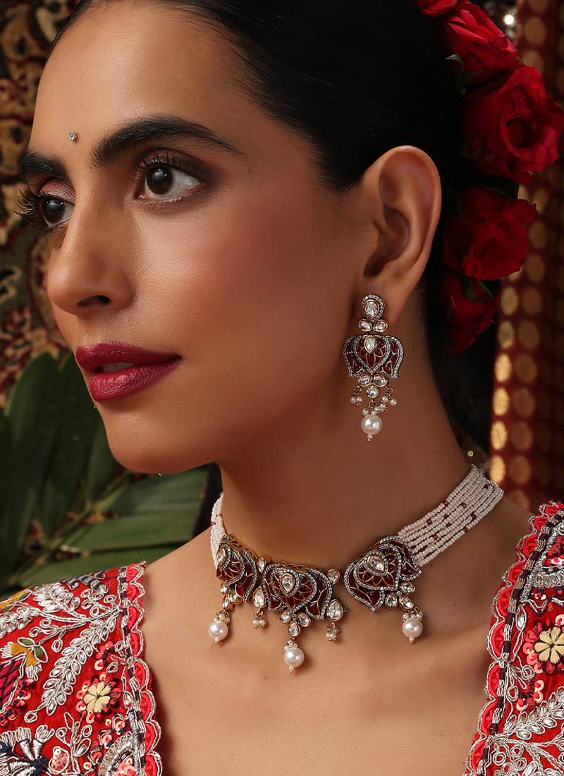 Gold plated kundan red stones choker necklace set