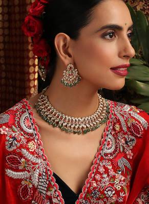 Gold plated kundan green stones necklace set 1