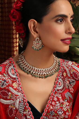 Gold plated kundan green stones necklace set