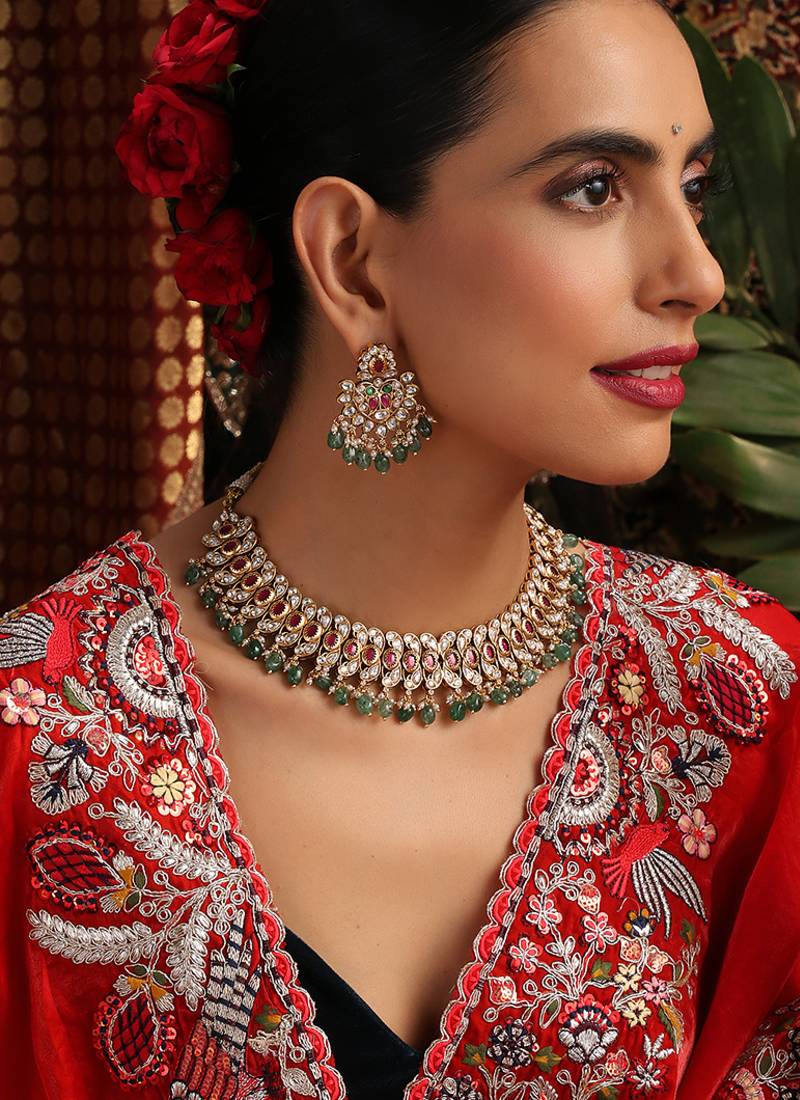Gold plated kundan green stones necklace set
