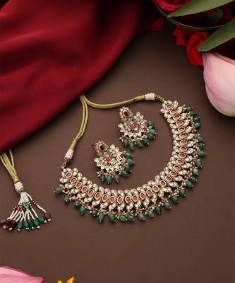 Gold plated kundan green stones necklace set 2