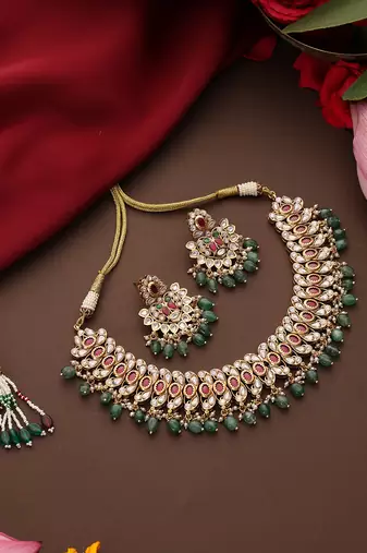 Gold plated kundan green stones necklace set