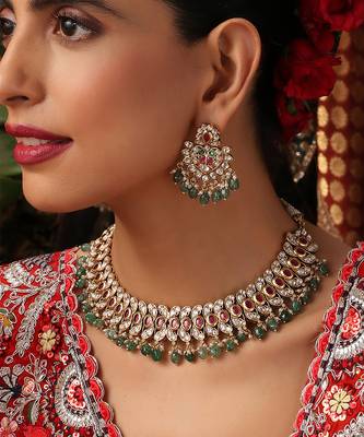Gold plated kundan green stones necklace set 3