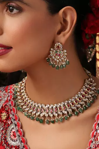 Gold plated kundan green stones necklace set
