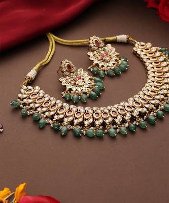 Gold plated kundan green stones necklace set 4