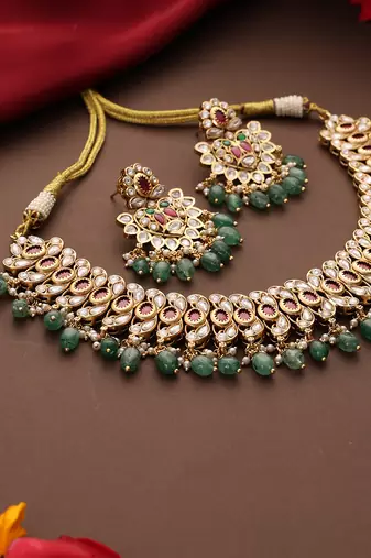 Gold plated kundan green stones necklace set