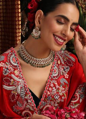 Gold plated kundan green stones necklace set 5