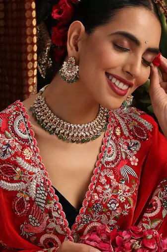 Gold plated kundan green stones necklace set