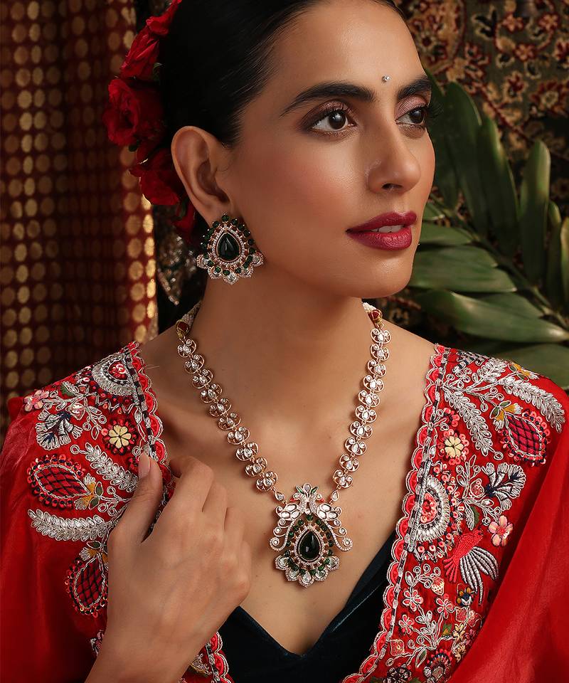 gold plated kundan green stones necklace set