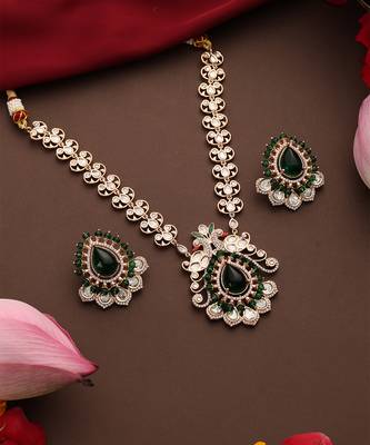 gold plated kundan green stones necklace set 2