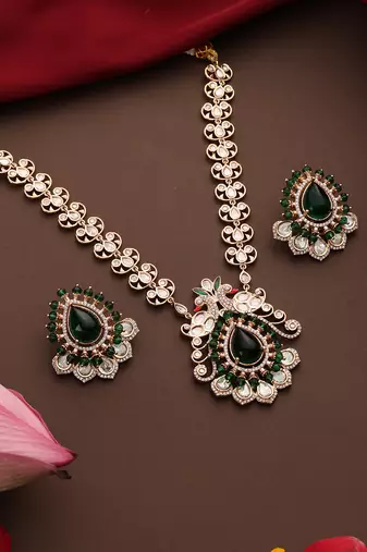 gold plated kundan green stones necklace set