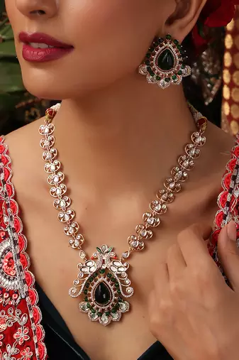 gold plated kundan green stones necklace set