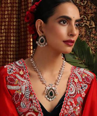 gold plated kundan green stones necklace set 5
