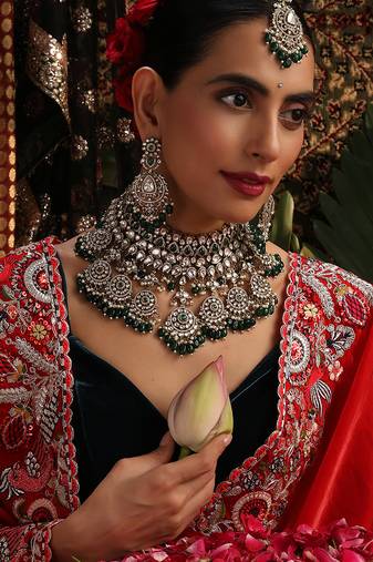 Gold plated kundan green stones necklace set