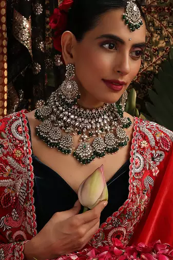 Gold plated kundan green stones necklace set