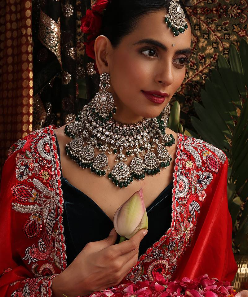 Gold plated kundan green stones necklace set