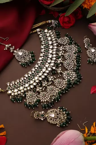 Gold plated kundan green stones necklace set