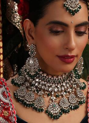 Gold plated kundan green stones necklace set 3
