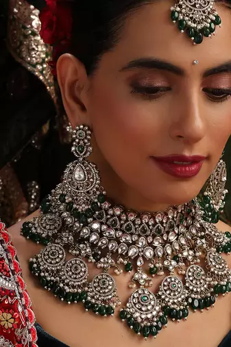 Gold plated kundan green stones necklace set