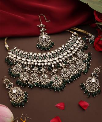 Gold plated kundan green stones necklace set 4