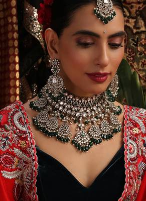 Gold plated kundan green stones necklace set 5