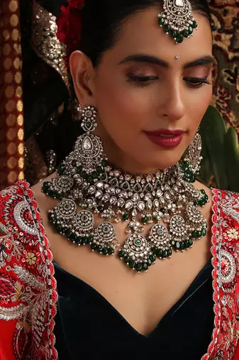 Gold plated kundan green stones necklace set