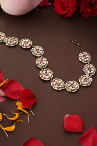 Gold plated kundan pink stones sheesh pool