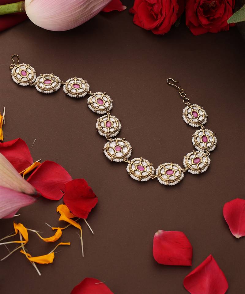 Gold plated kundan pink stones sheesh pool