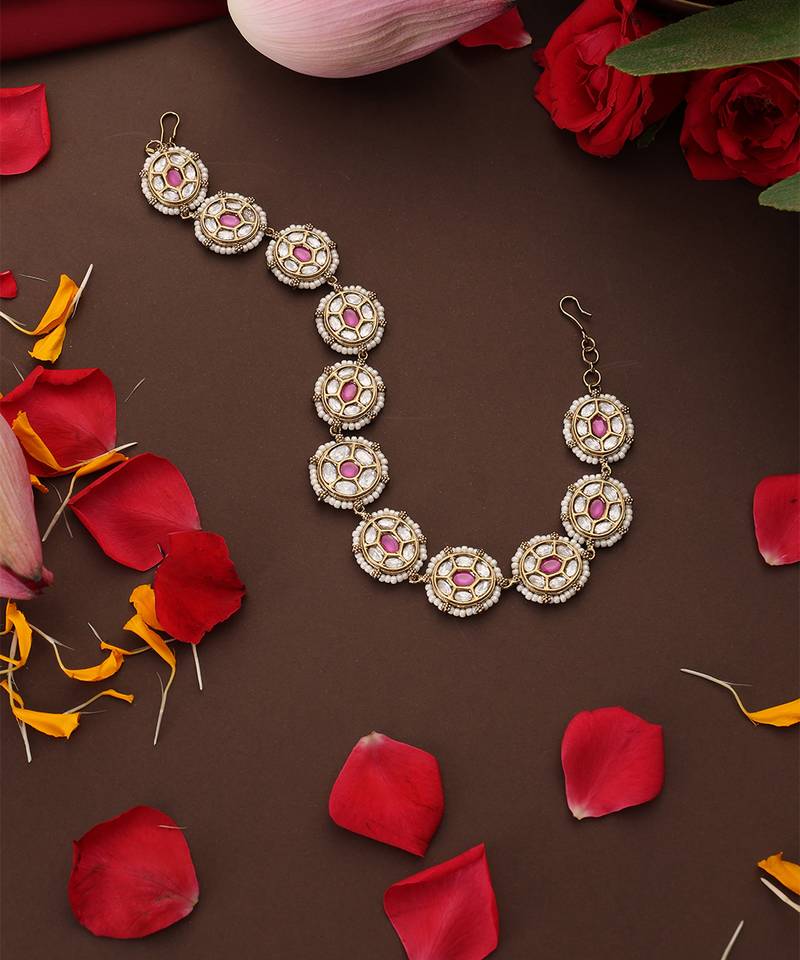 Gold plated kundan pink stones sheesh pool